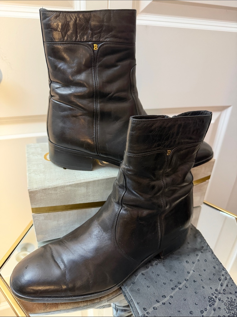 Black Leather Ankle Boots with Subtle 'B' Logo